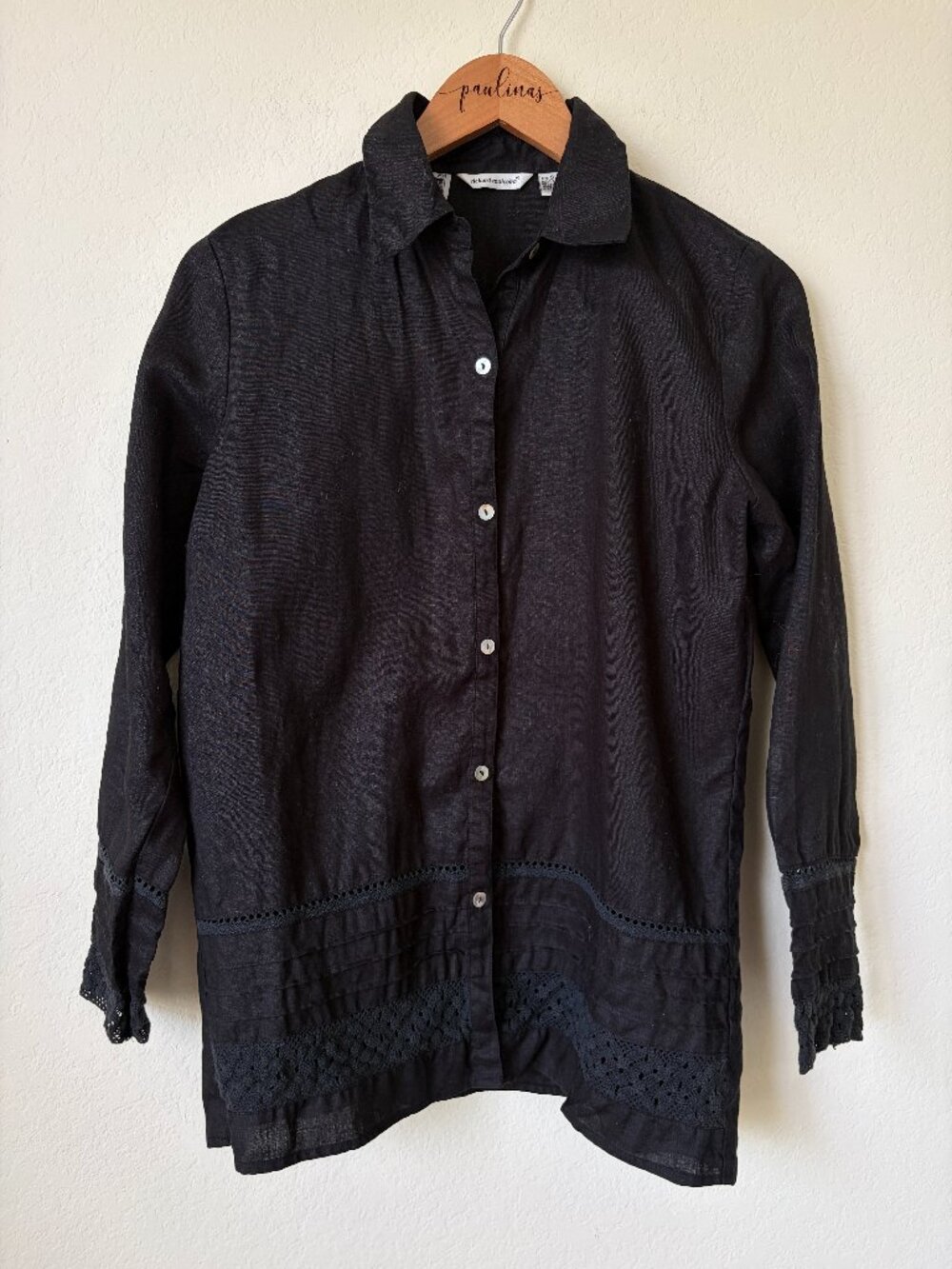 Richard Malcolm Top Womens Small Black Irish Linen Crochet Lace Trim Shirt S